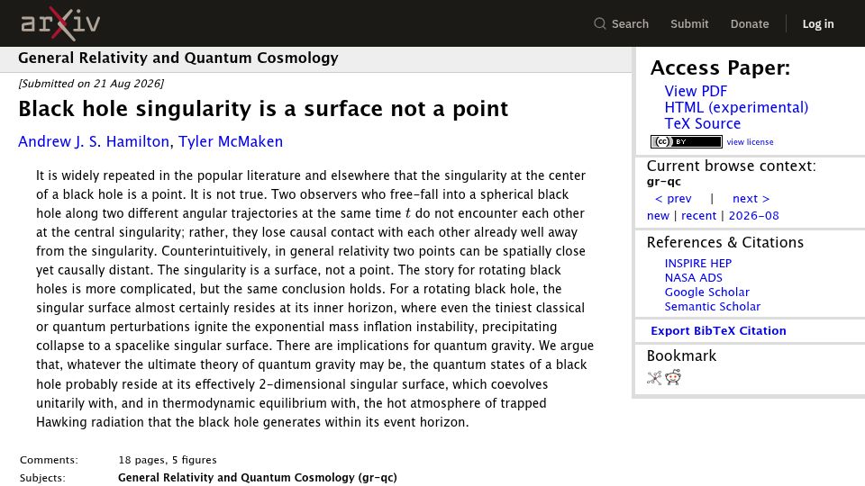 Screenshot of arxiv.org: Black hole singularity is a surface not a point