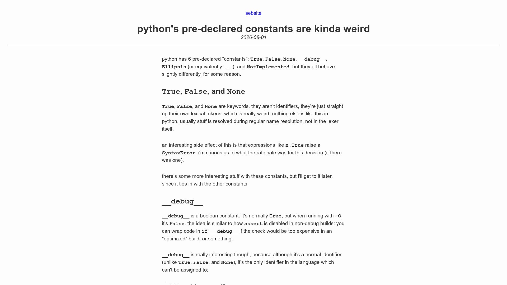 Screenshot of sebsite.pw: Python's pre-declared constants are kinda weird