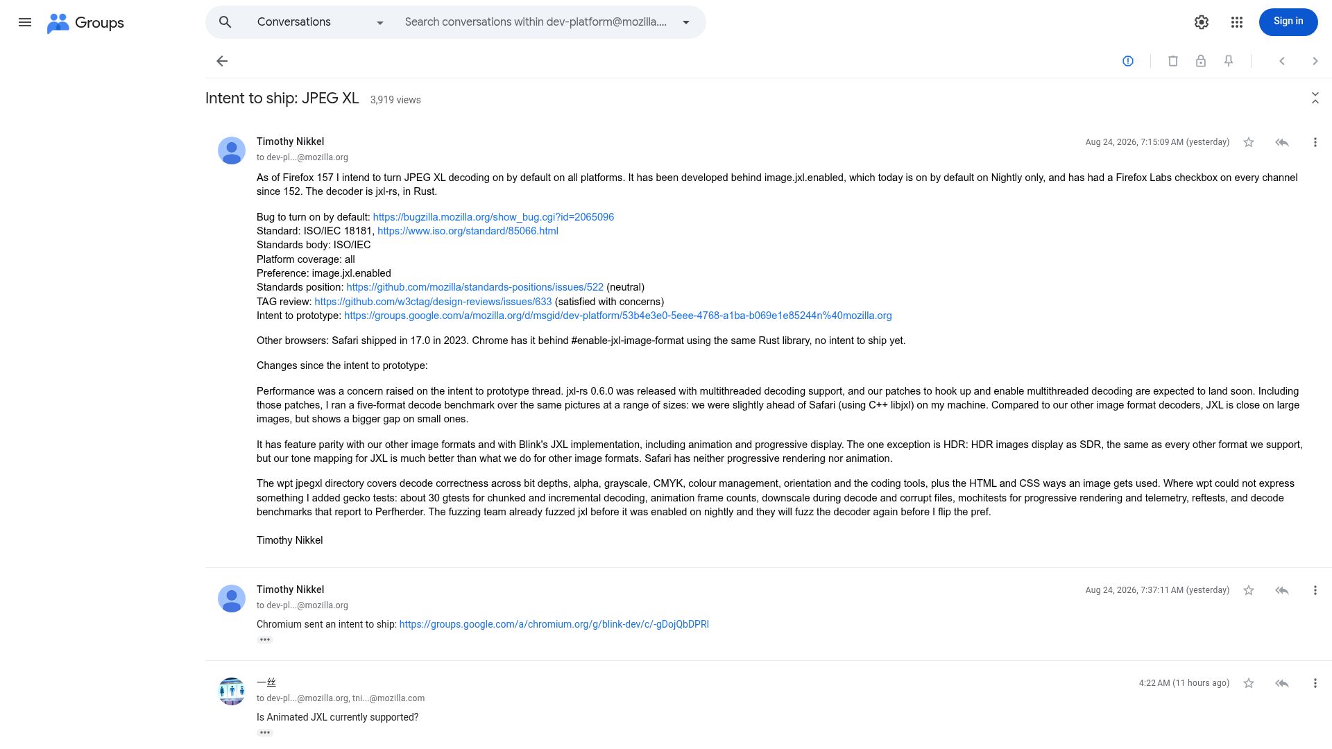 Screenshot of groups.google.com: Firefox 157 will include JPEG XL by default on all platforms