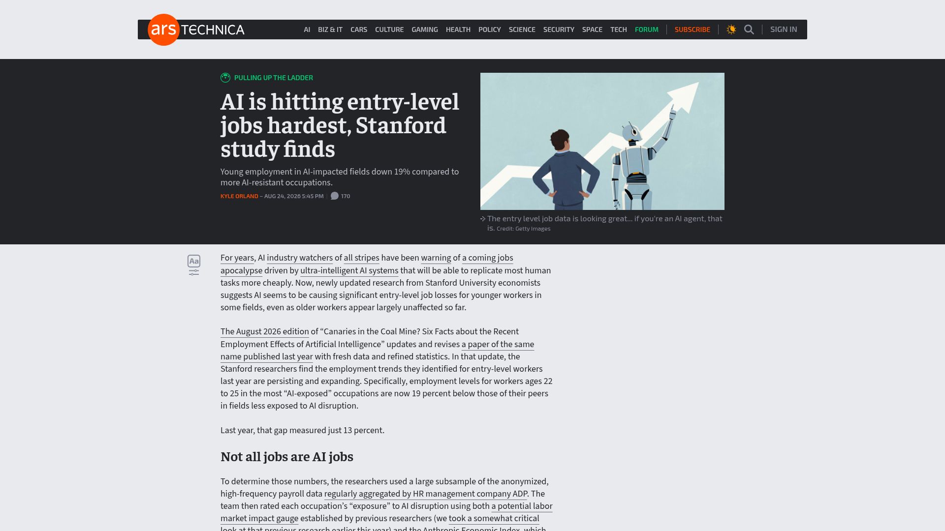 Screenshot of arstechnica.com: AI is hitting entry-level jobs hardest, Stanford study finds