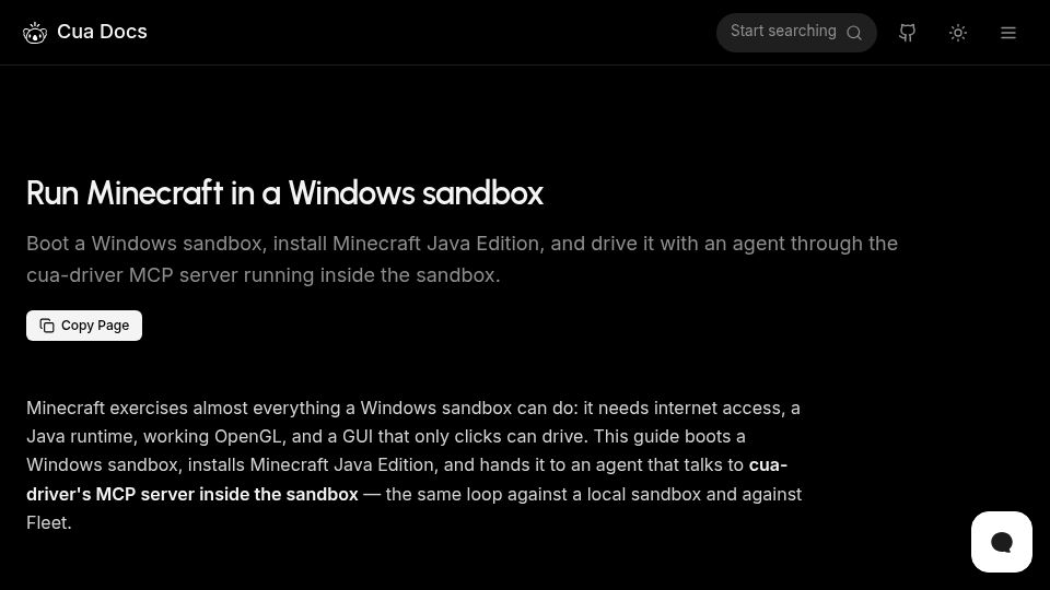 Screenshot of cua.ai: Run Minecraft in a Windows sandbox for computer use agents