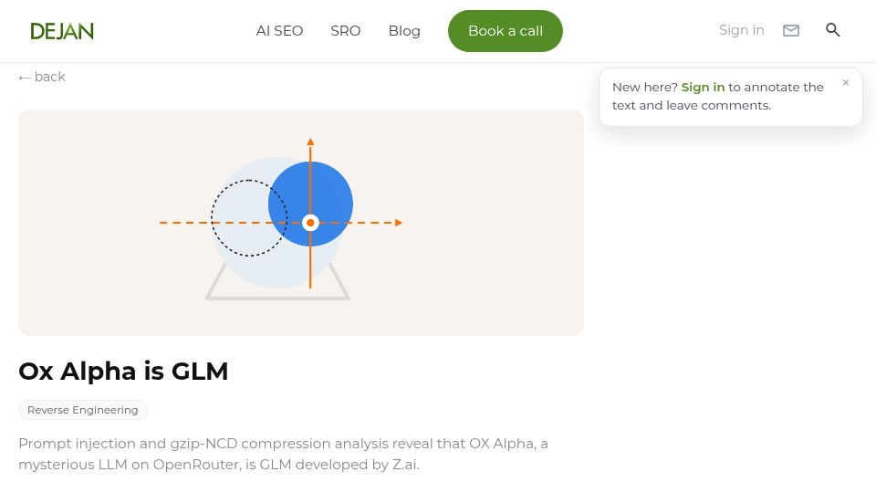 Screenshot of dejan.ai: Ox-Alpha Is GLM?