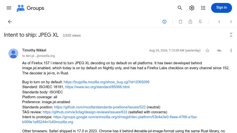 Screenshot of groups.google.com: Firefox 157 will include JPEG XL by default on all platforms