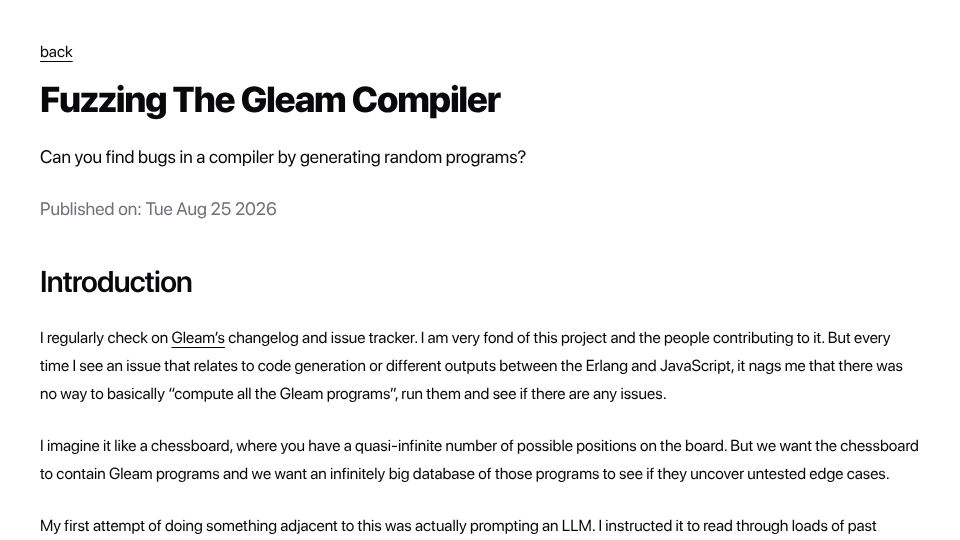Screenshot of kurz.net: Fuzzing the Gleam Compiler
