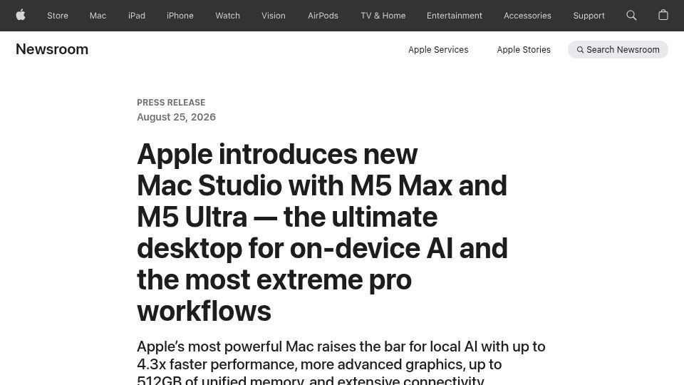 Screenshot of apple.com: New Mac Studio with M5 Max and M5 Ultra
