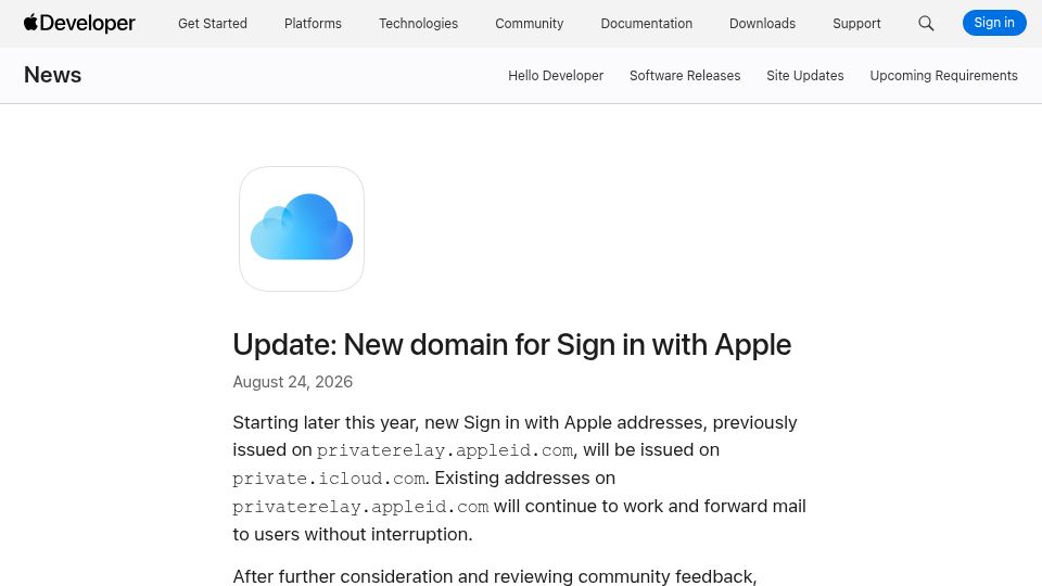 Screenshot of developer.apple.com: iCloud+ Hide My Email addresses will remain on icloud.com