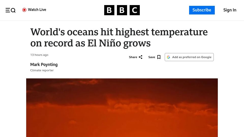 Screenshot of bbc.com: Oceans hit highest temperature on record