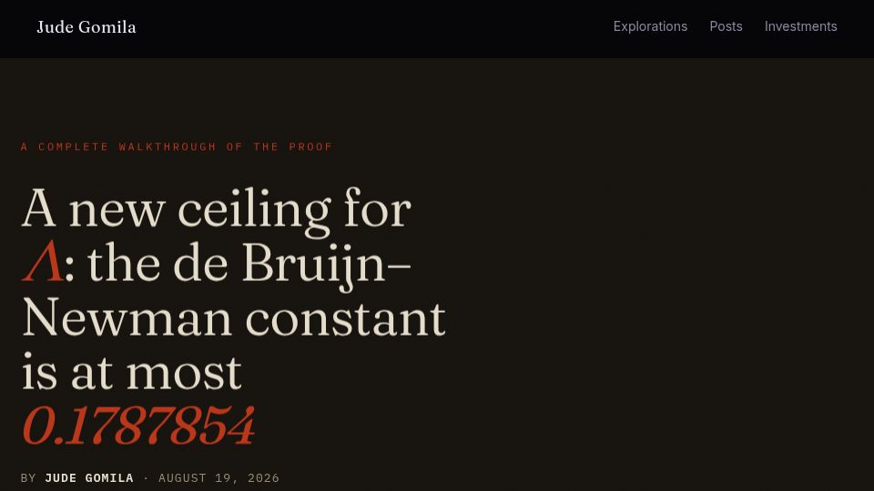 Screenshot of judegomila.com: A new ceiling for Λ: the de Bruijn–Newman constant