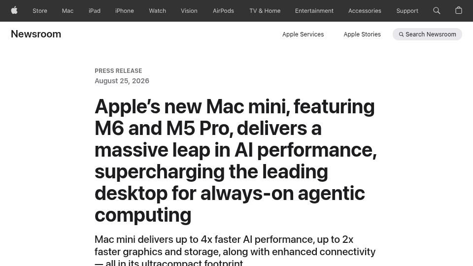 Screenshot of apple.com: New Mac mini, featuring M6 and M5 Pro