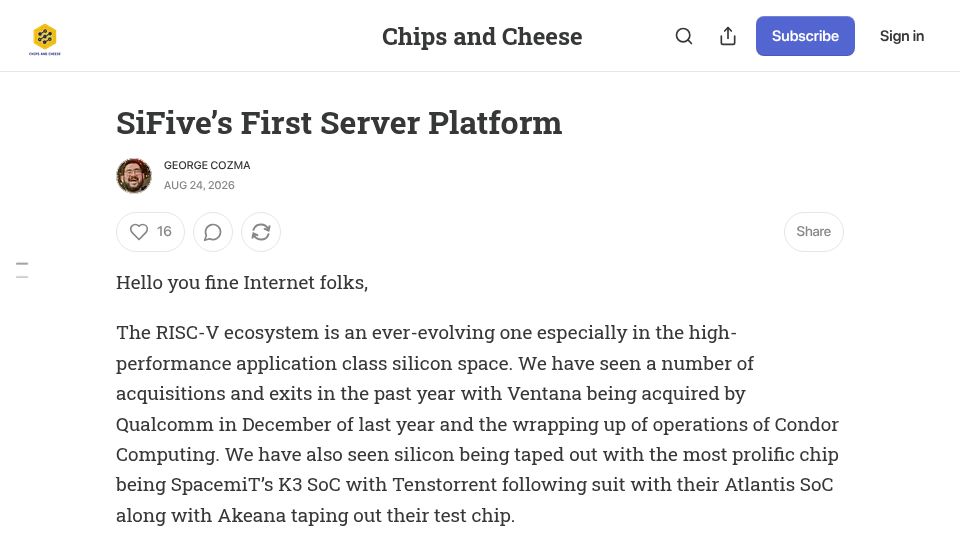 Screenshot of chipsandcheese.com: SiFive's First Server Platform