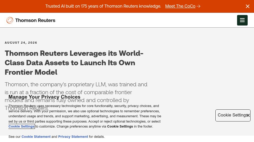 Screenshot of thomsonreuters.com: Thomson Reuters Launches Its Own Frontier Model