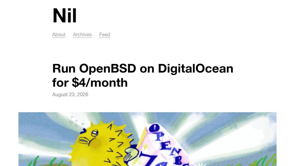 Screenshot of nil.wallyjones.com: Run OpenBSD on DigitalOcean for $4/month