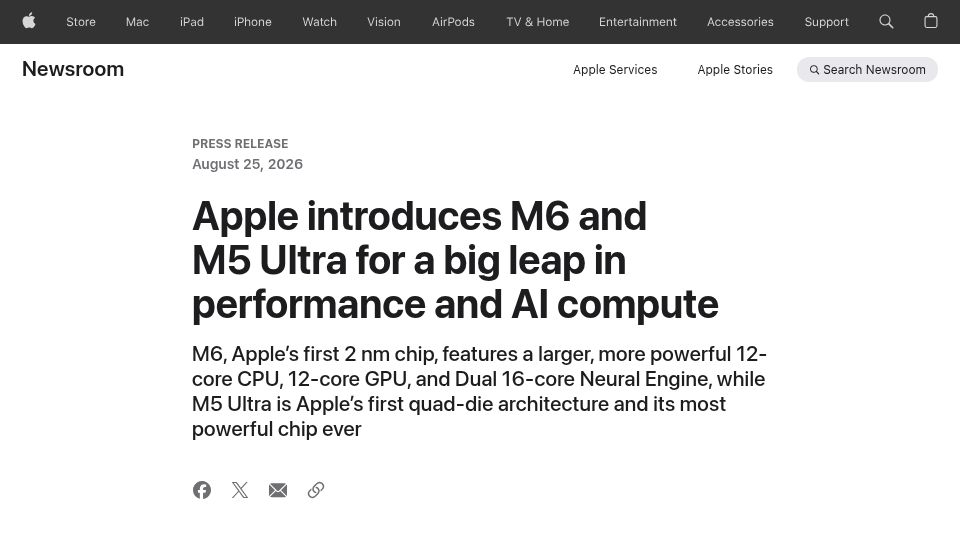 Screenshot of apple.com: Apple introduces M6 and M5 Ultra