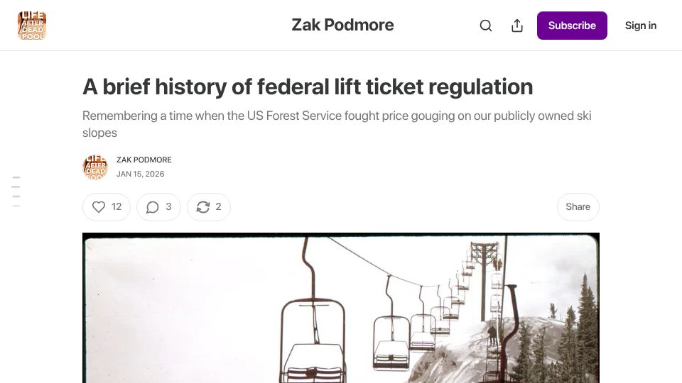 Screenshot of zakpodmore.substack.com: A brief history of federal lift ticket regulation
