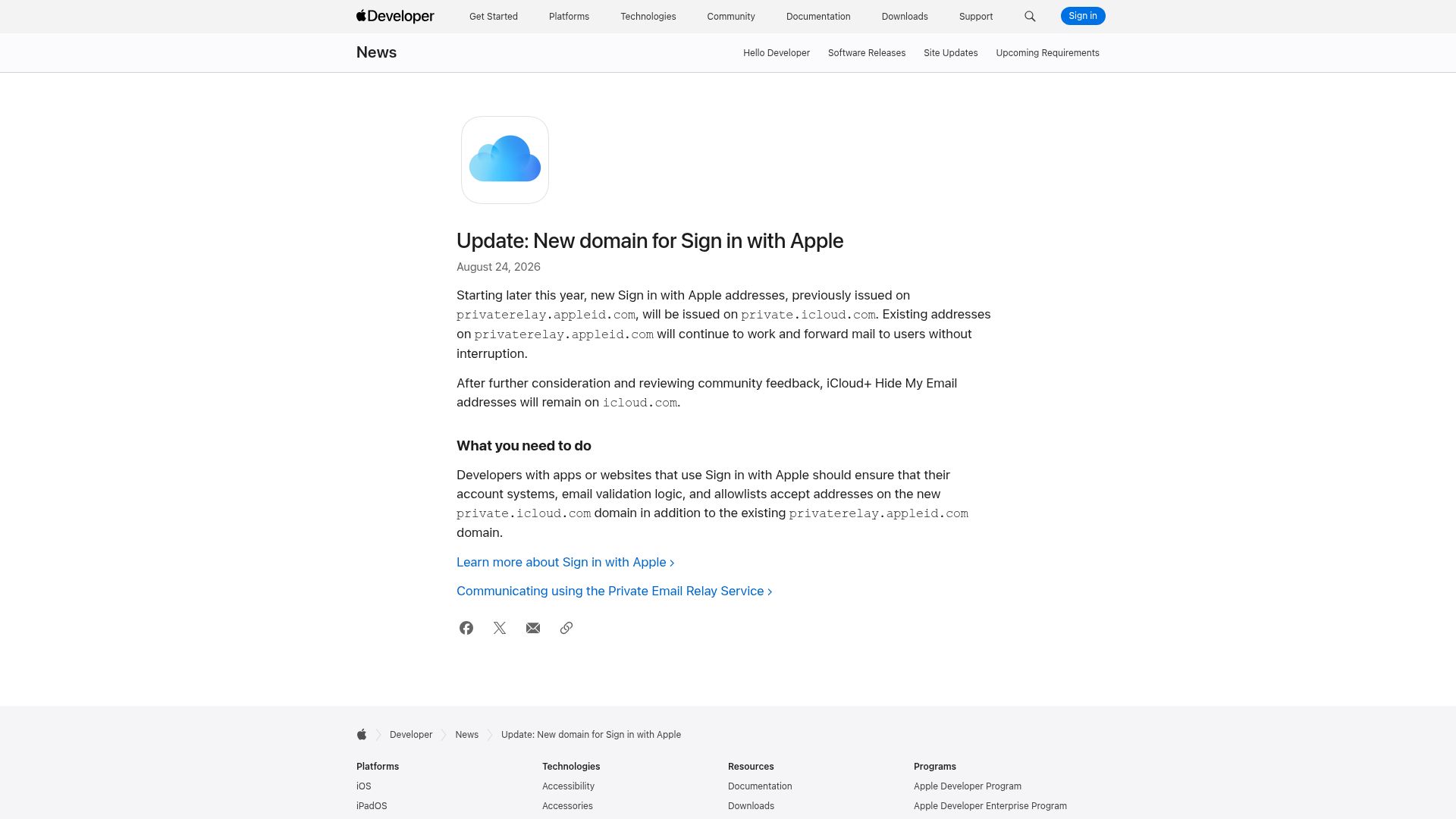 Screenshot of developer.apple.com: iCloud+ Hide My Email addresses will remain on icloud.com