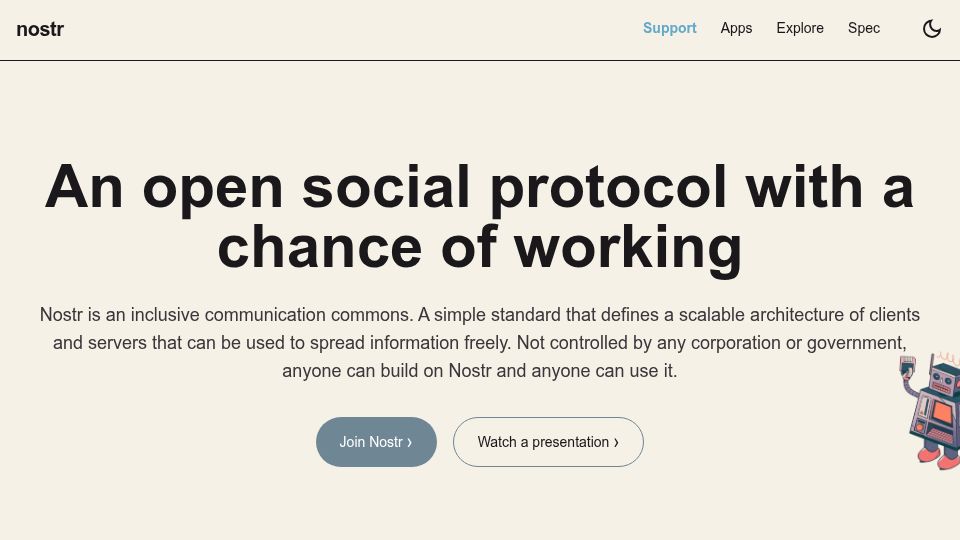Screenshot of nostr.org: Nostr is an inclusive communication commons