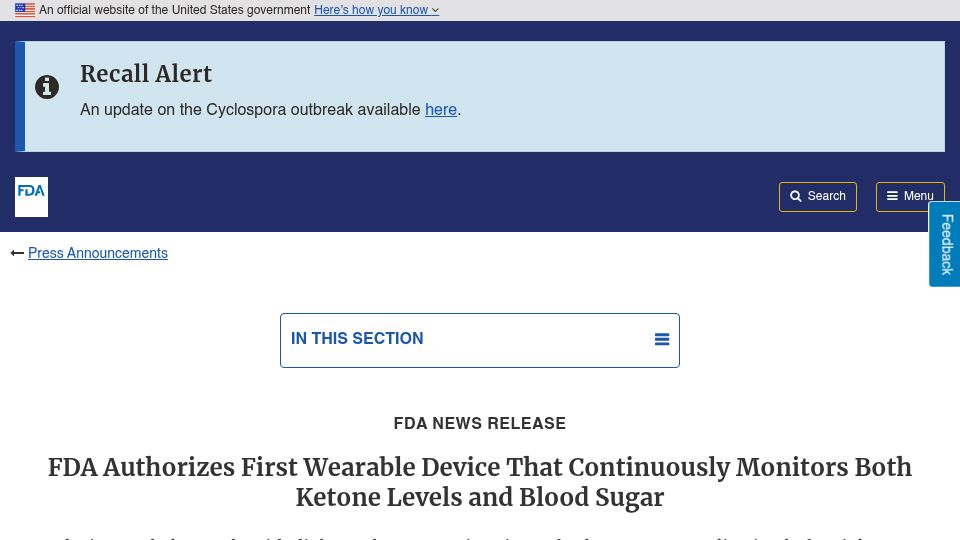 Screenshot of fda.gov: FDA authorizes first wearable device that monitors ketone and blood sugar levels