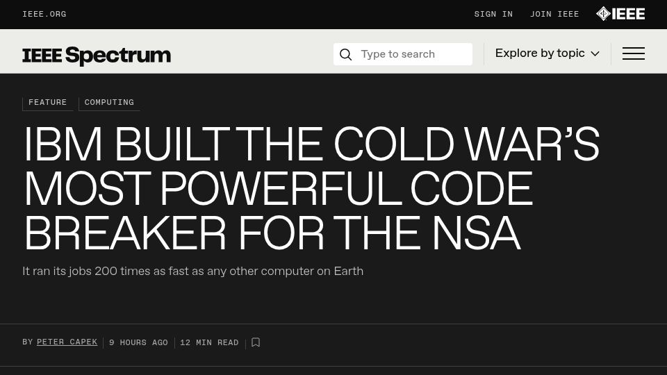 Screenshot of spectrum.ieee.org: Harvest (IBM 7950): Supercomputer for cryptanalysis at the NSA in the Cold War