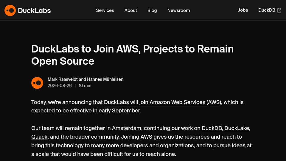 Screenshot of ducklabs.com: AWS Acquires DuckLabs