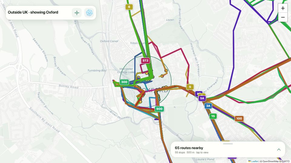 Screenshot of rupertlinacre.com: Show HN: Buslens – where can I get to by bus? (UK)