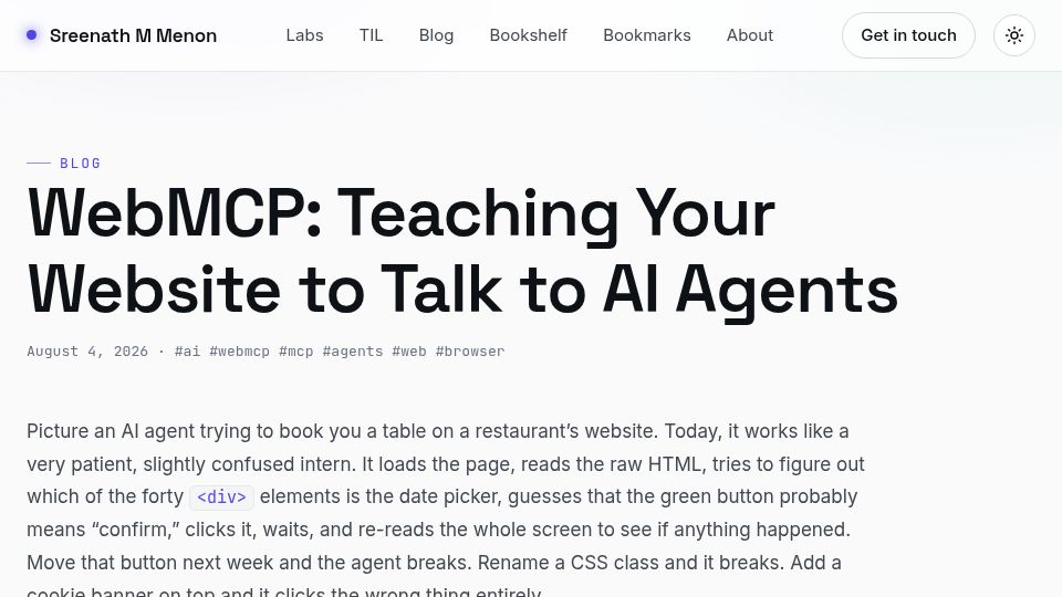 Screenshot of sreenathmenon.com: WebMCP: Teaching Your Website to Talk to AI Agents