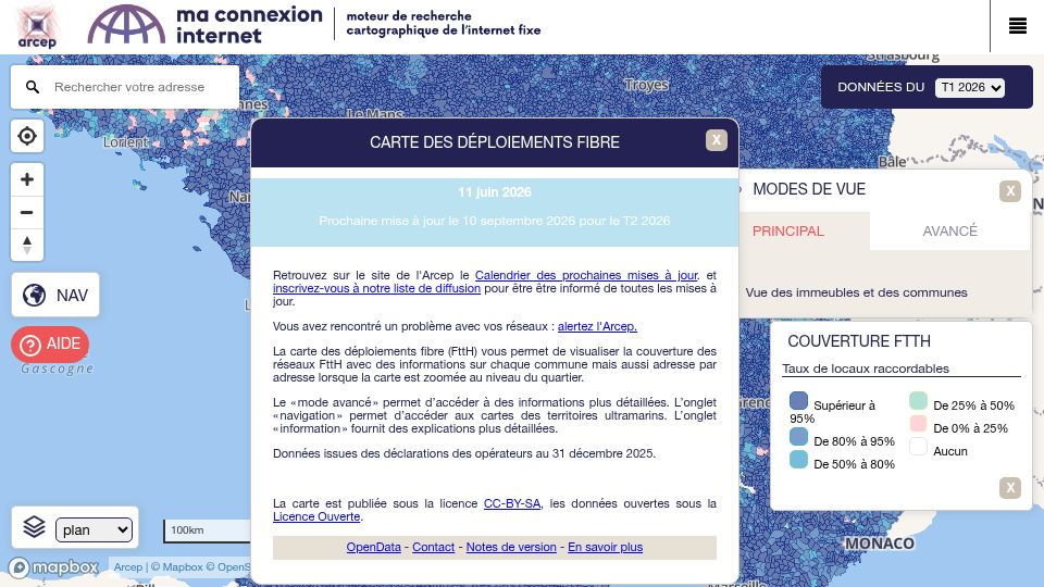 Screenshot of cartefibre.arcep.fr: France reaches 94.9% fiber coverage in 2026
