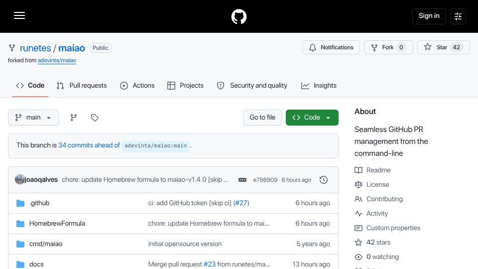 Screenshot of github.com: Maiao: Gerrit-style code review workflow for GitHub, GitLab, Gitea, others