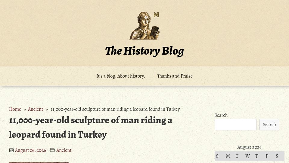 Screenshot of thehistoryblog.com: 11,000-year-old sculpture of man riding a leopard found in Turkey