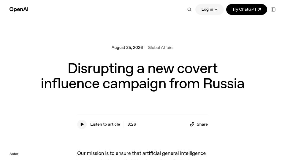 Screenshot of openai.com: Disrupting a new covert influence campaign from Russia