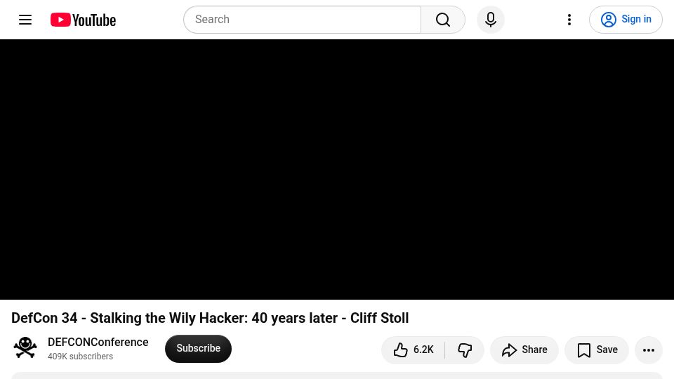 Screenshot of youtube.com: Stalking the Wily Hacker: 40 years later – Cliff Stoll [video]