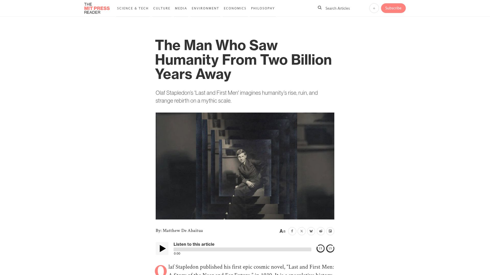 Screenshot of thereader.mitpress.mit.edu: A Man Who Saw Humanity from Two Billion Years Away