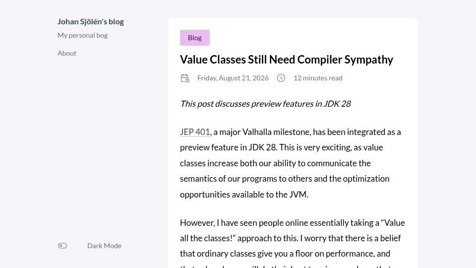 Screenshot of johan-sjolen.github.io: Value Classes Still Need Compiler Sympathy