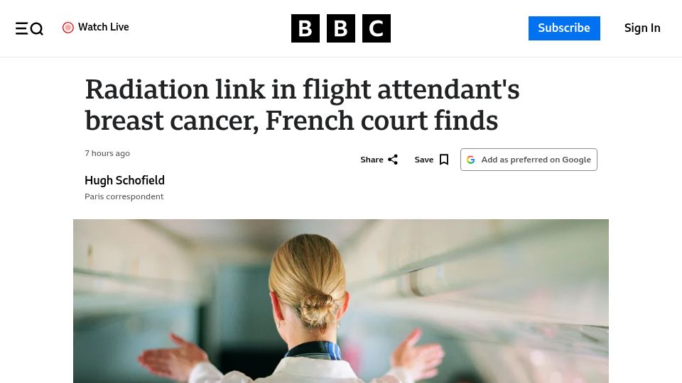 Screenshot of bbc.com: Radiation link in flight attendant's breast cancer, French court finds