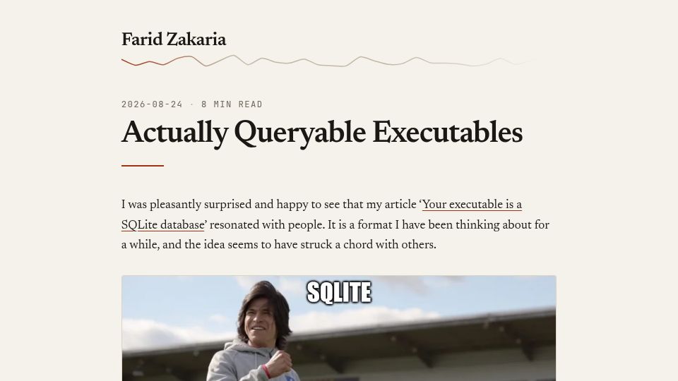 Screenshot of fzakaria.com: Queryable Executables