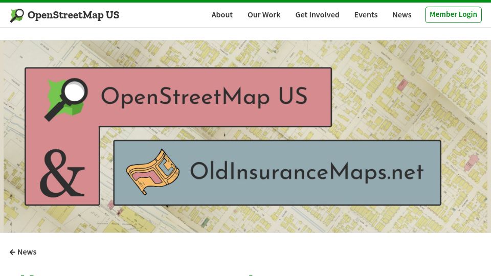 Screenshot of openstreetmap.us: Oldinsurancemaps.net is now a Charter Project