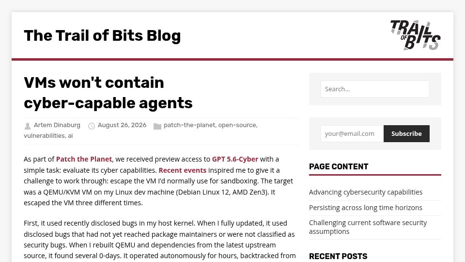 Screenshot of blog.trailofbits.com: VMs won't contain cyber-capable agents