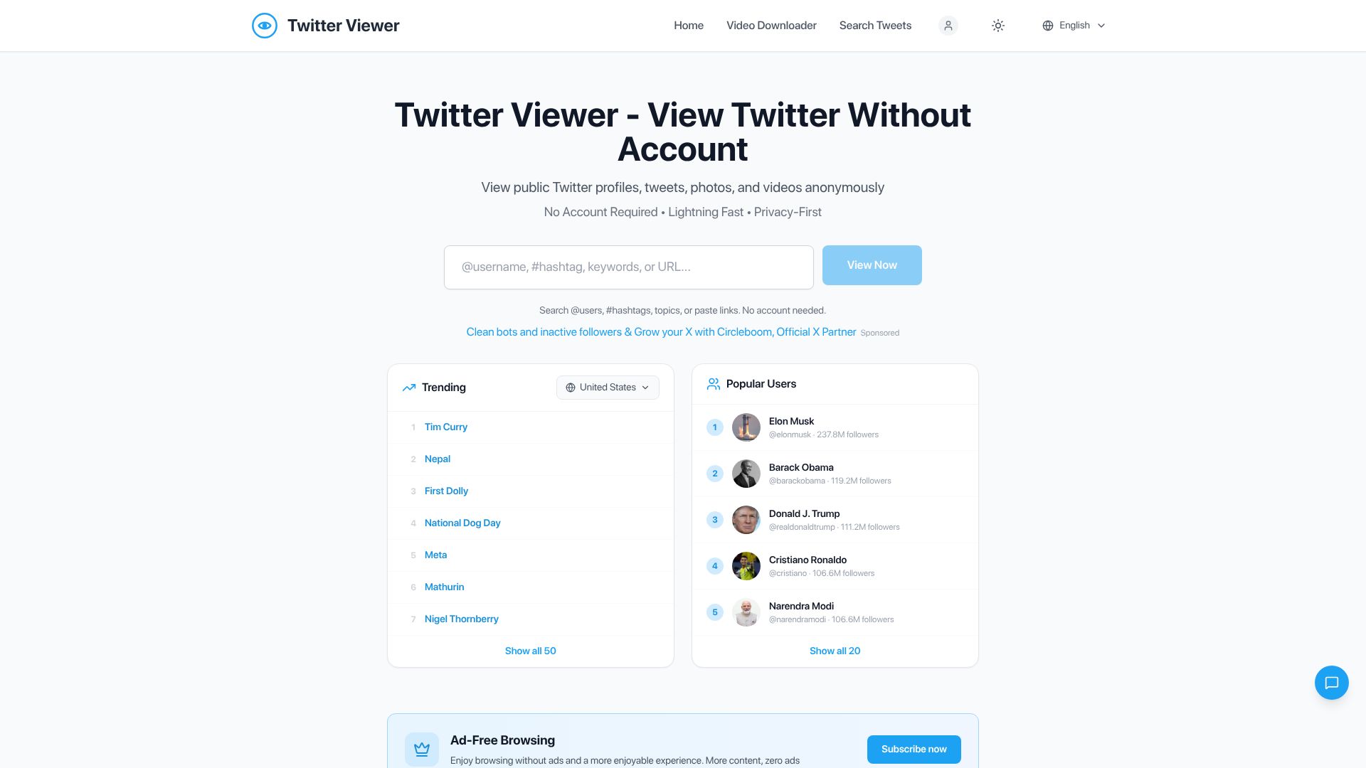 Screenshot of twitterwebviewer.com: Twitter Viewer – View Twitter Without Account