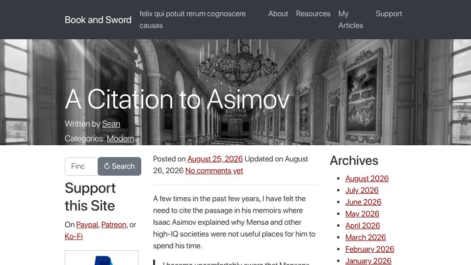 Screenshot of bookandsword.com: A Citation to Asimov