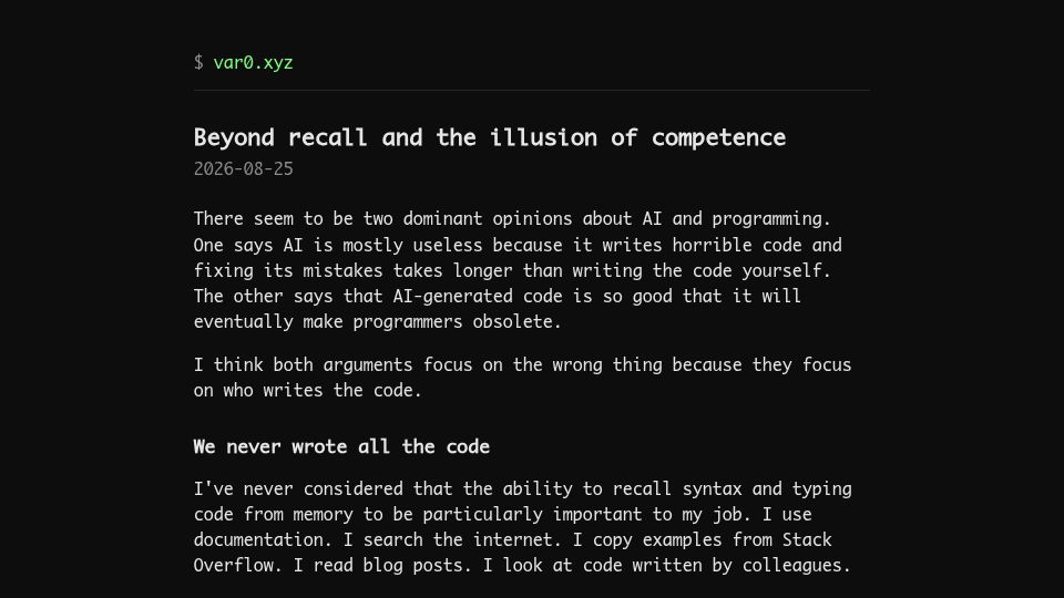 Screenshot of var0.xyz: Beyond Recall and the Illusion of Competence