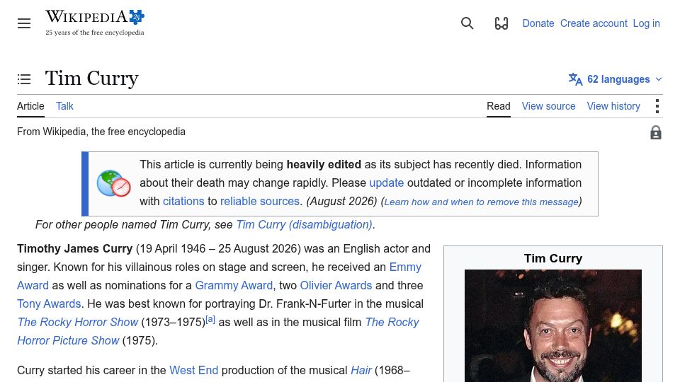 Screenshot of en.wikipedia.org: Tim Curry Has Died