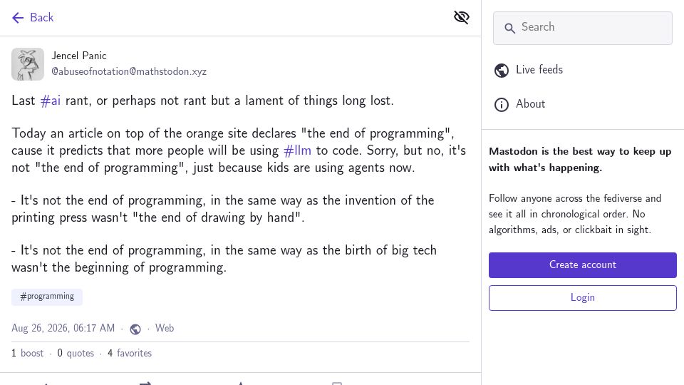 Screenshot of mathstodon.xyz: It's Not the End of Programming