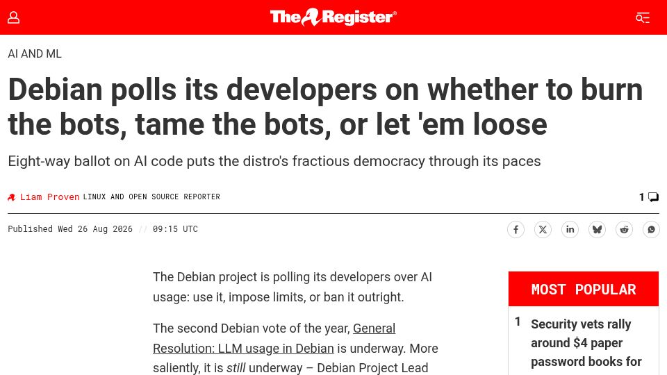 Screenshot of theregister.com: Debian polls its developers on AI: permit or ban?