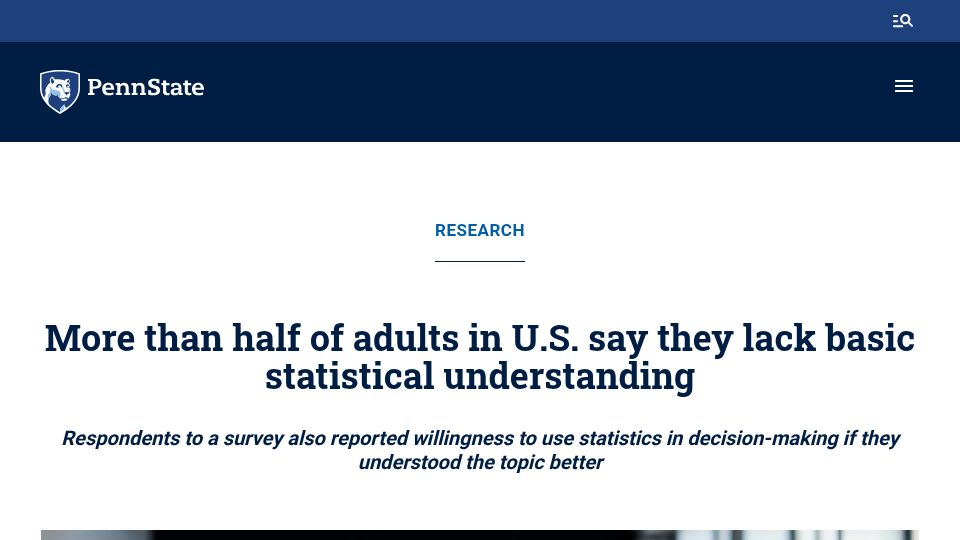 Screenshot of psu.edu: More than half of adults in U.S. say they lack basic statistical understanding