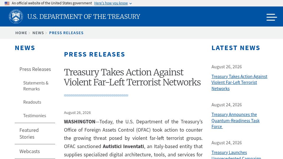 Screenshot of home.treasury.gov: US sanctions Italian hosting provider Autistici Inventati