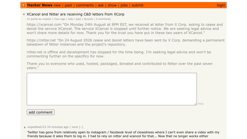 Screenshot of Hacker News post: XCancel and Nitter are receiving C&D letters from XCorp