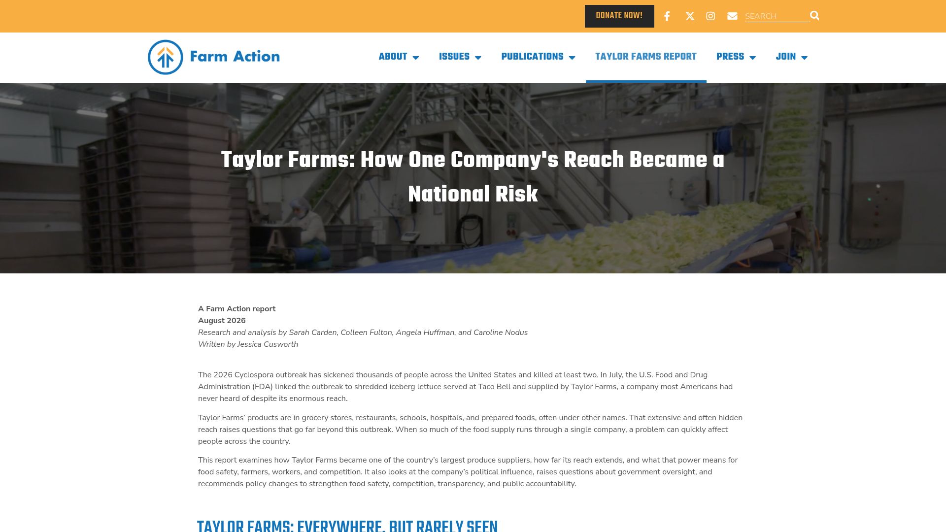 Screenshot of farmaction.us: Taylor Farms: How One Company's Reach Became a National Risk