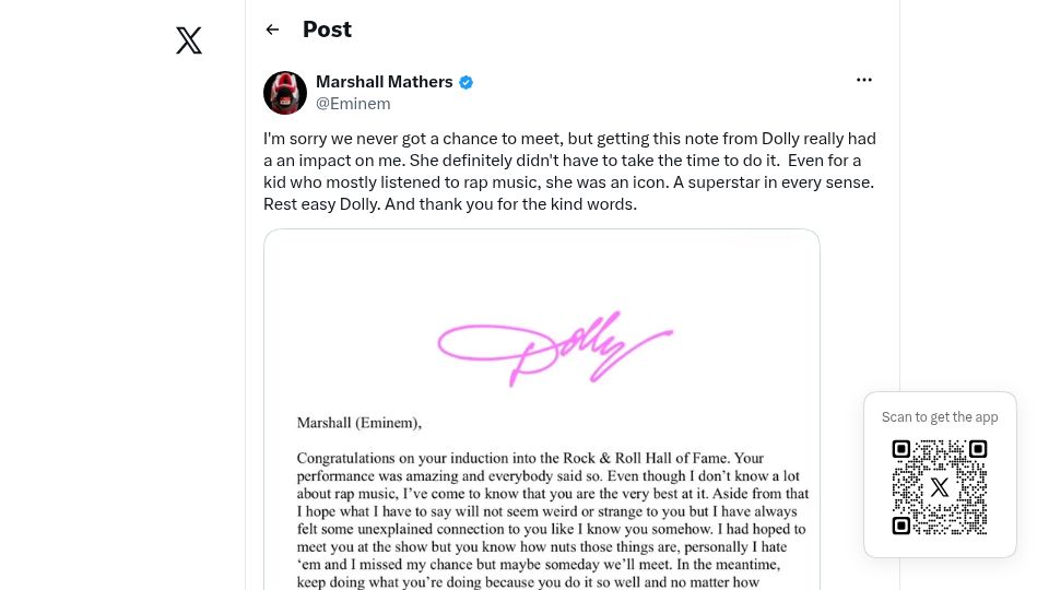 Screenshot of twitter.com: Letter from Dolly Parton to Eminem
