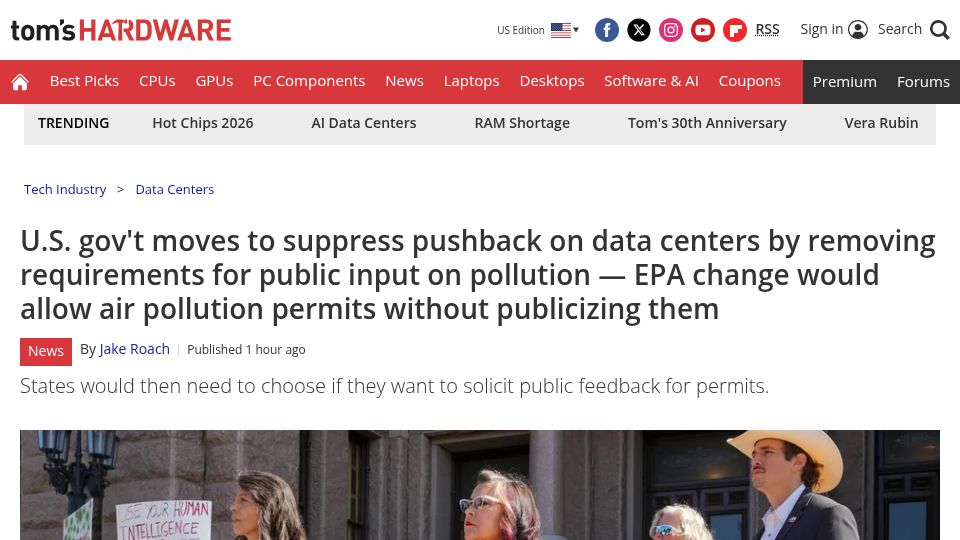 Screenshot of tomshardware.com: U.S. gov't moves to suppress pushback on data centers