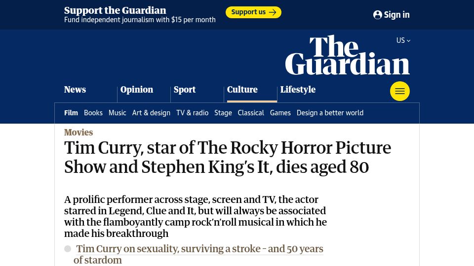 Screenshot of theguardian.com: Tim Curry has died