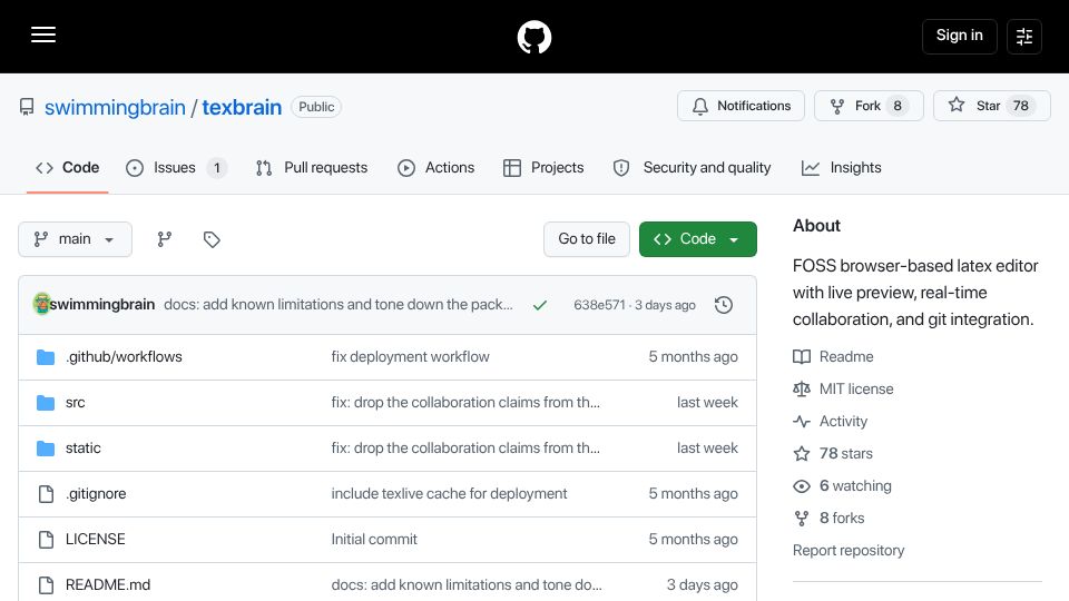 Screenshot of github.com: Show HN: TeXbrain, a LaTeX editor that runs pdfTeX in the browser via WASM